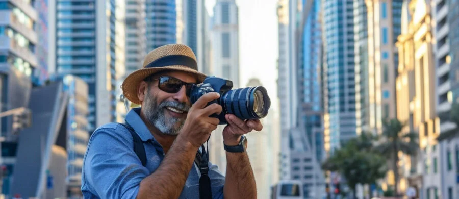 Illustration of an aircraft, tickets and a video call representing the online Dubai tourist visa application