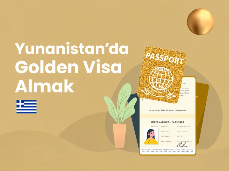 Yunanistan bayrağı ve altın pasaportla Golden Visa hizmetleri illüstrasyonu.