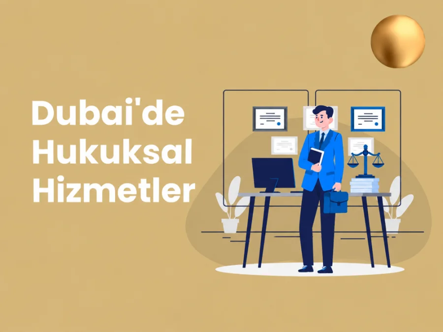 Dubai hukuk hizmetlerini temsil eden avukat, çalışma masası ve adalet terazisi illüstrasyonu.