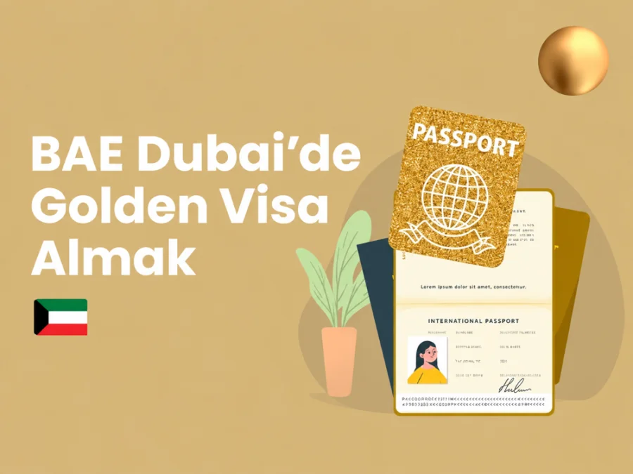 Altın pasaportla Dubai Golden Visa hizmetleri illüstrasyonu.
