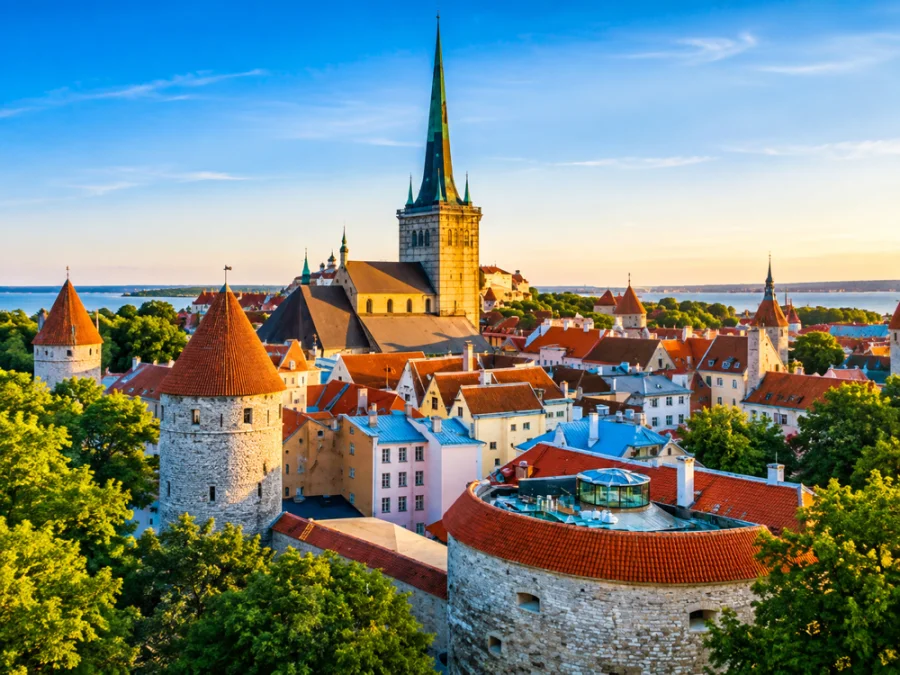 Tallinn eski kentinde tarihi kuleler ve renkli çatılar.