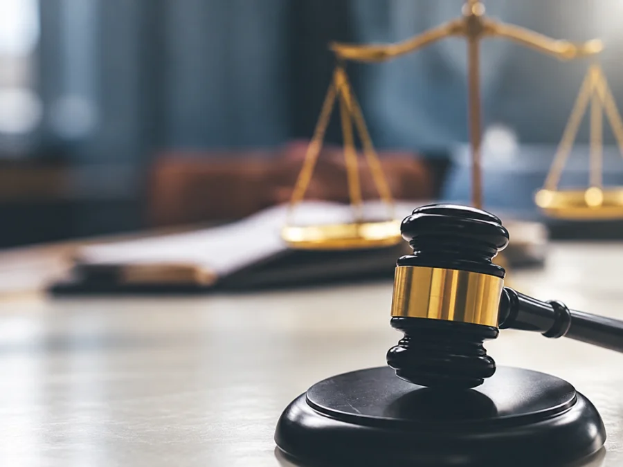 Judge's gavel in the foreground with scales of justice in the background.
