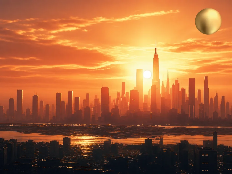 Dubai skyline and skyscrapers at sunset.