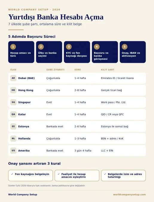 Uluslararası banka hesabı açma infografiği: 5 adımda başvuru ve 7 ülkede şube şartı, süre ve kilit belgeler